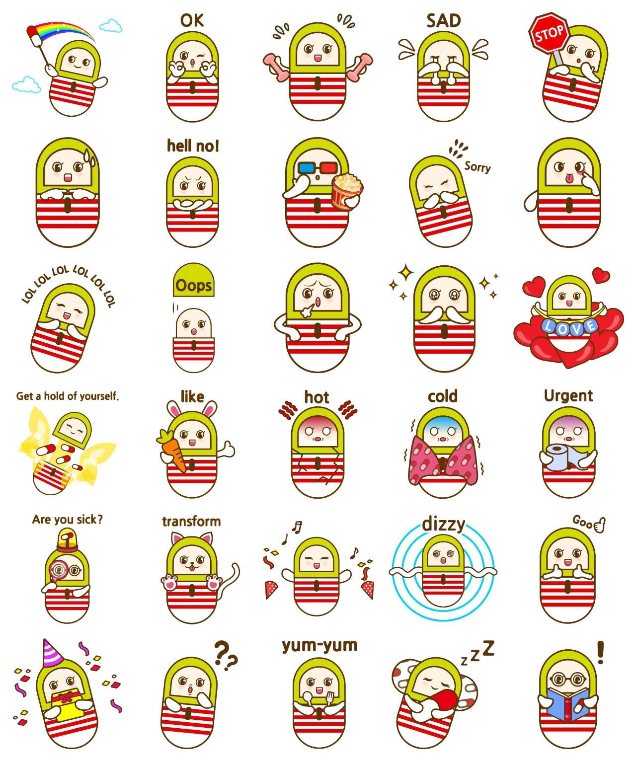 A cute pill Animation/Cartoon,Etc. sticker pack for Whatsapp, Telegram, Signal, and others chatting and message apps