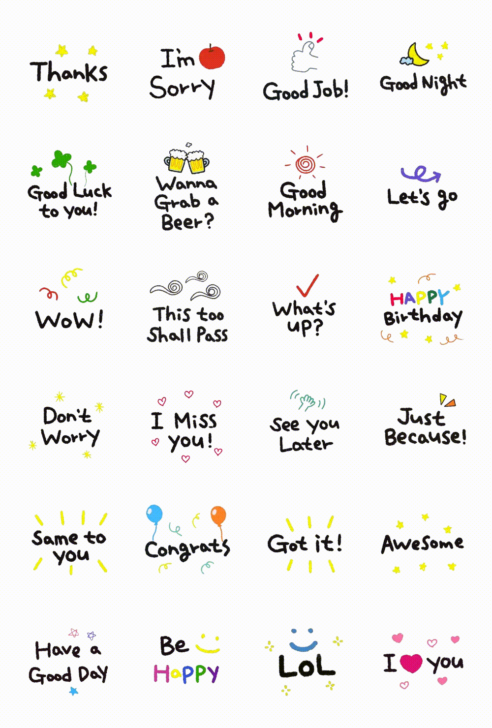 Cute handwriting Animation/Cartoon,Etc,Phrases sticker pack for Whatsapp, Telegram, Signal, and others chatting and message apps