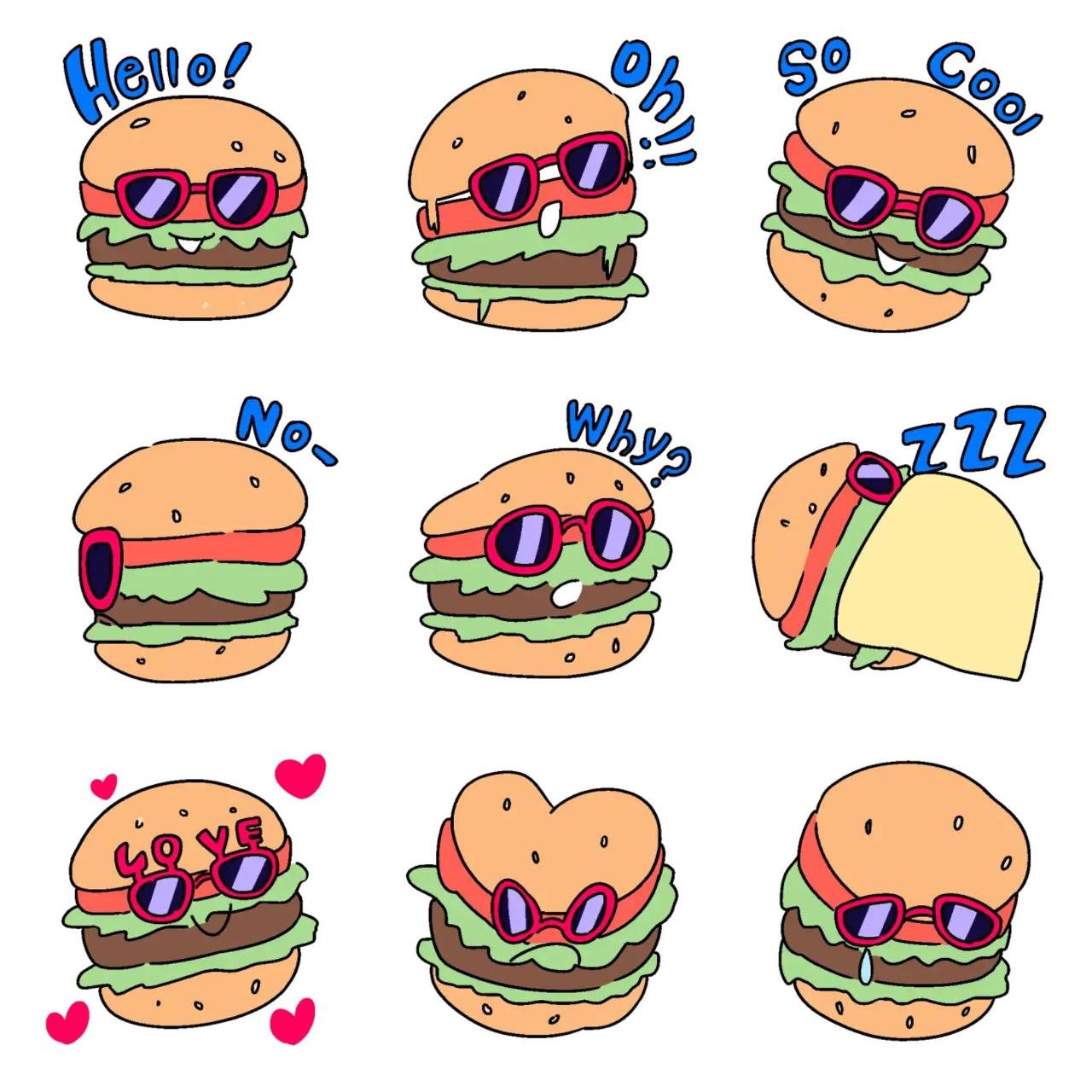 An exciting hamburger Animation/Cartoon,Food/Drink sticker pack for Whatsapp, Telegram, Signal, and others chatting and message apps
