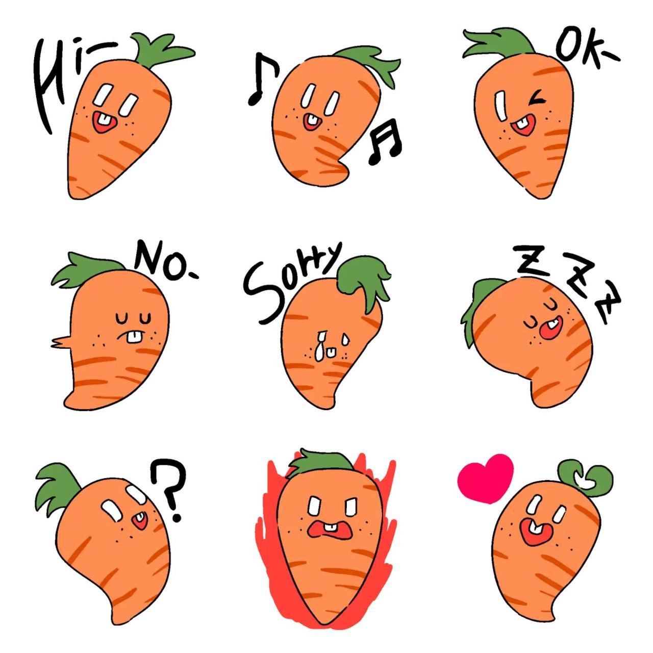 Emotions of a carrot Animation/Cartoon,Food/Drink sticker pack for Whatsapp, Telegram, Signal, and others chatting and message apps