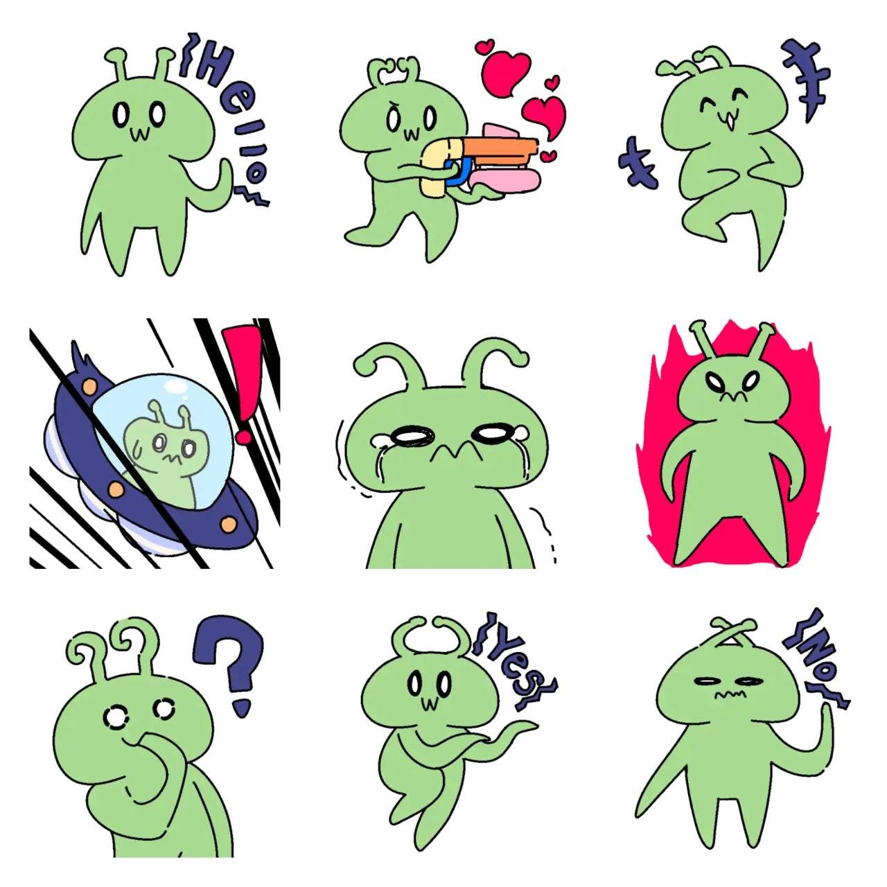 My friend green alien Animation/Cartoon,People sticker pack for Whatsapp, Telegram, Signal, and others chatting and message apps