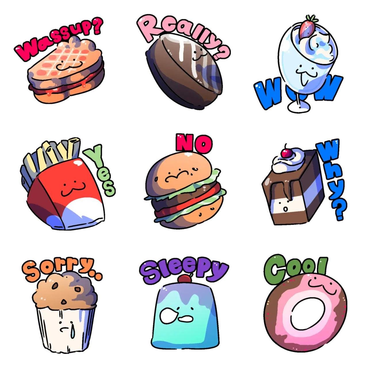 Sweet food stickers! Animation/Cartoon,Food/Drink sticker pack for Whatsapp, Telegram, Signal, and others chatting and message apps