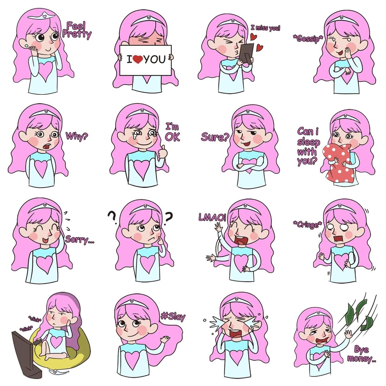 Pink Princess Animation/Cartoon sticker pack for Whatsapp, Telegram, Signal, and others chatting and message apps