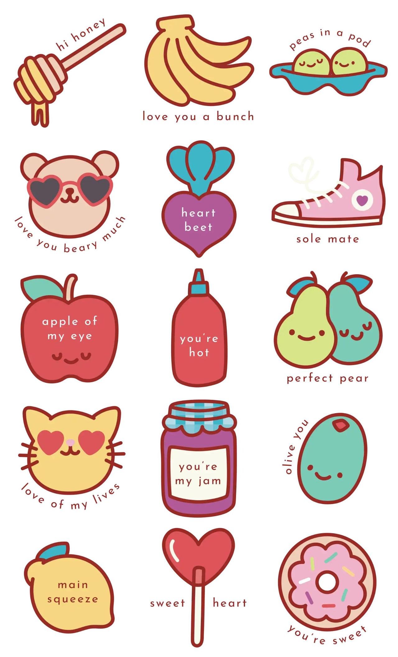 Punny Love Animation/Cartoon,Animals,Food/Drink,Objects,Valentine sticker pack for Whatsapp, Telegram, Signal, and others chatting and message apps