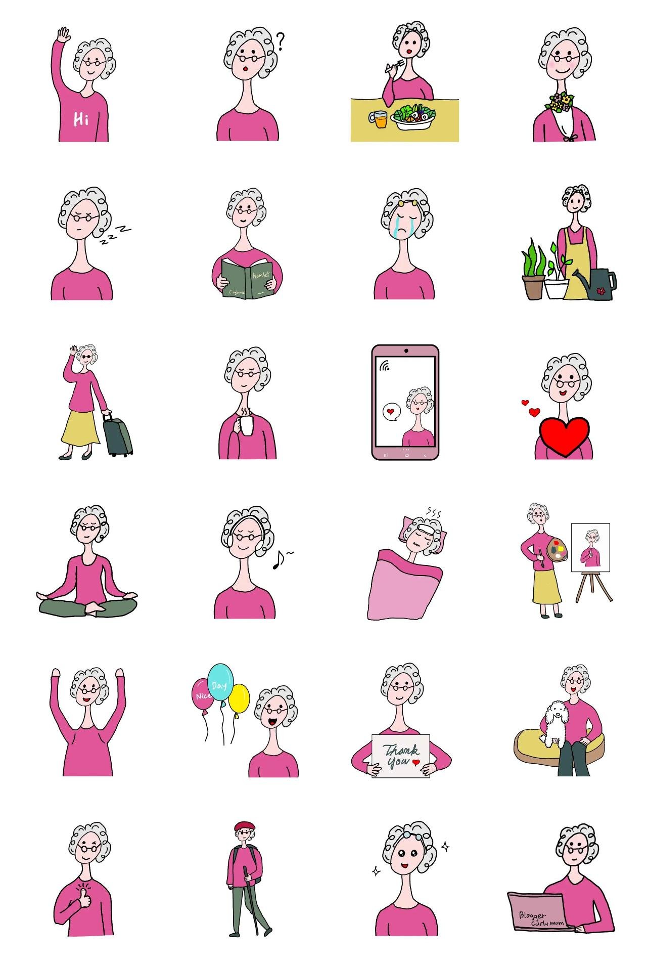 Charming curly mom Animation/Cartoon sticker pack for Whatsapp, Telegram, Signal, and others chatting and message apps