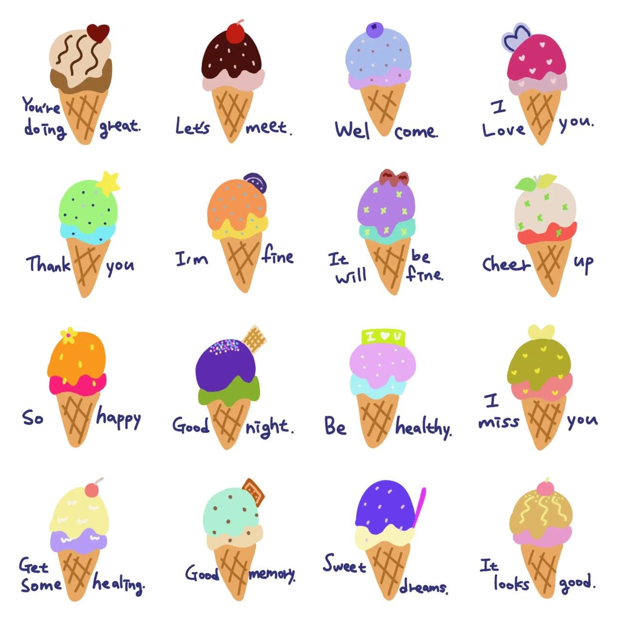 Ice cream messages 2. Animation/Cartoon,Food/Drink,Etc,Phrases sticker pack for Whatsapp, Telegram, Signal, and others chatting and message apps