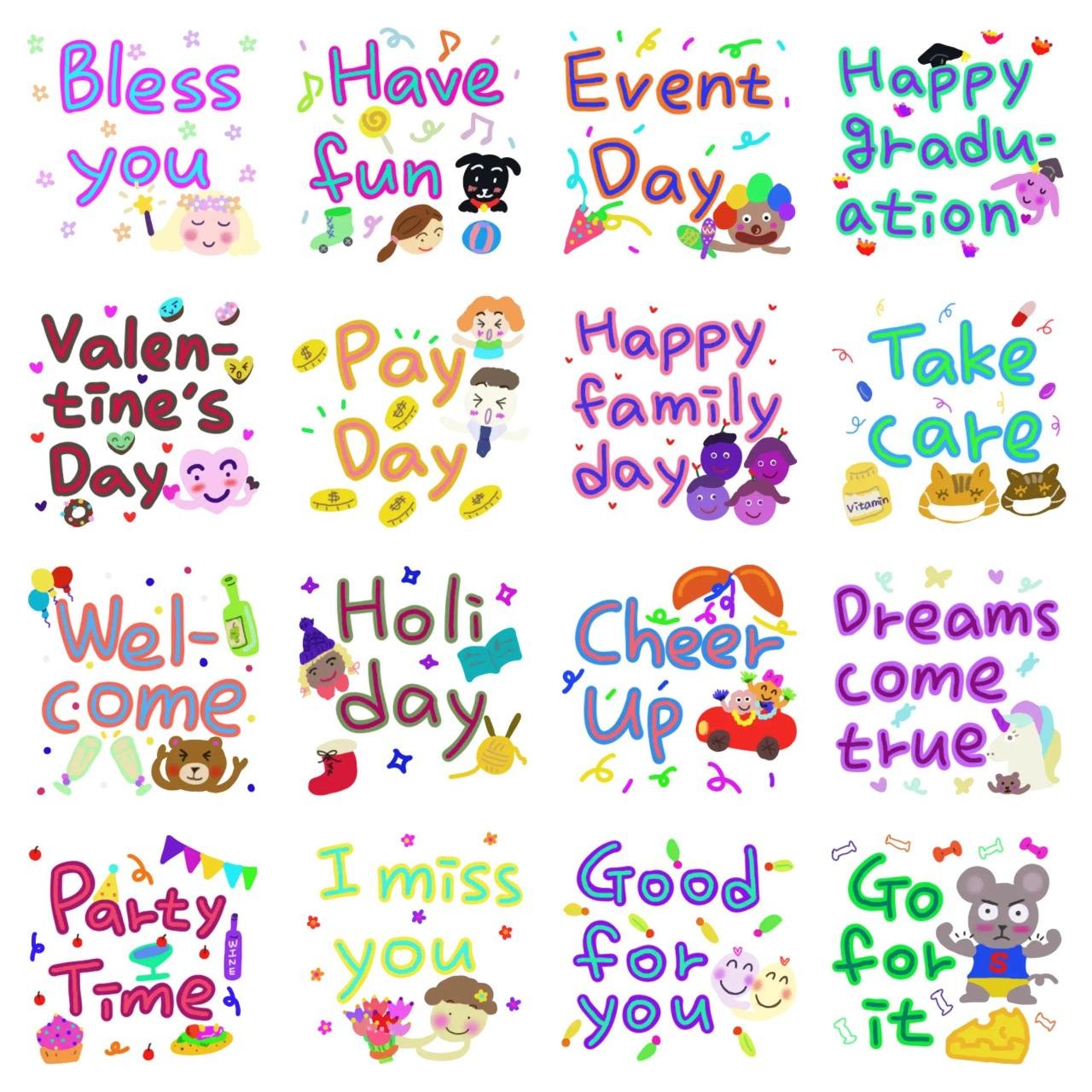 Illustration messages 2. Animation/Cartoon,Animals,Food/Drink,FAMILY,Anniversary,Birthday,Etc,Phrases,Christmas,New year's day sticker pack for Whatsapp, Telegram, Signal, and others chatting and message apps