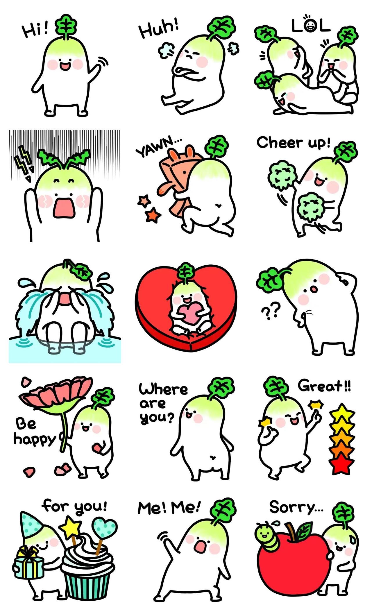 A super cute radish, Mudong! Animation/Cartoon,Food/Drink,Plants,Etc sticker pack for Whatsapp, Telegram, Signal, and others chatting and message apps