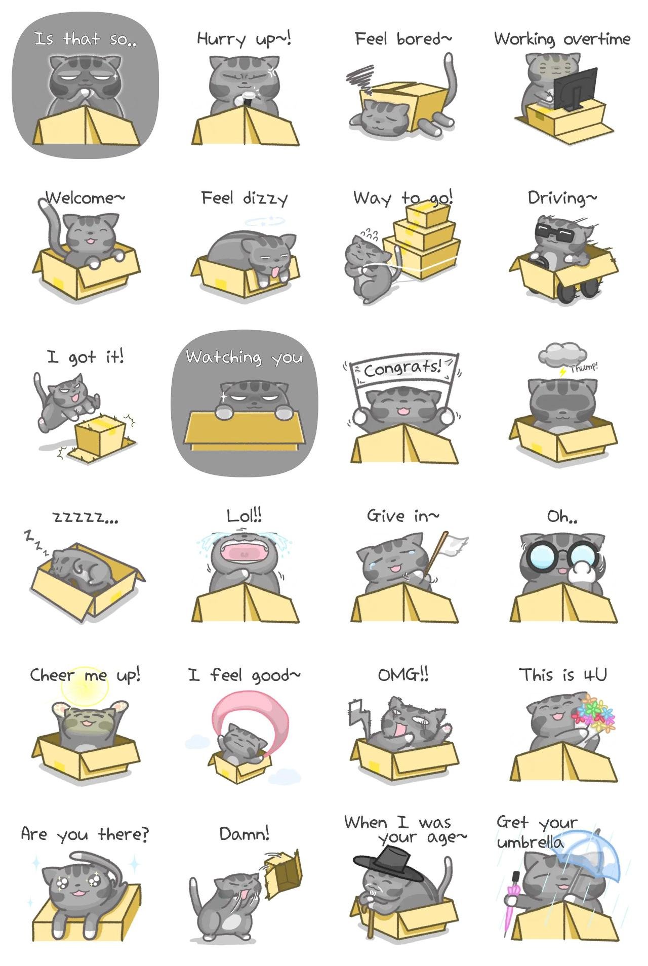 A cat who loves boxes 04 Animation/Cartoon,Animals,Objects,People,Culture,Etc,Romance,Gag,Weather/Nature sticker pack for Whatsapp, Telegram, Signal, and others chatting and message apps