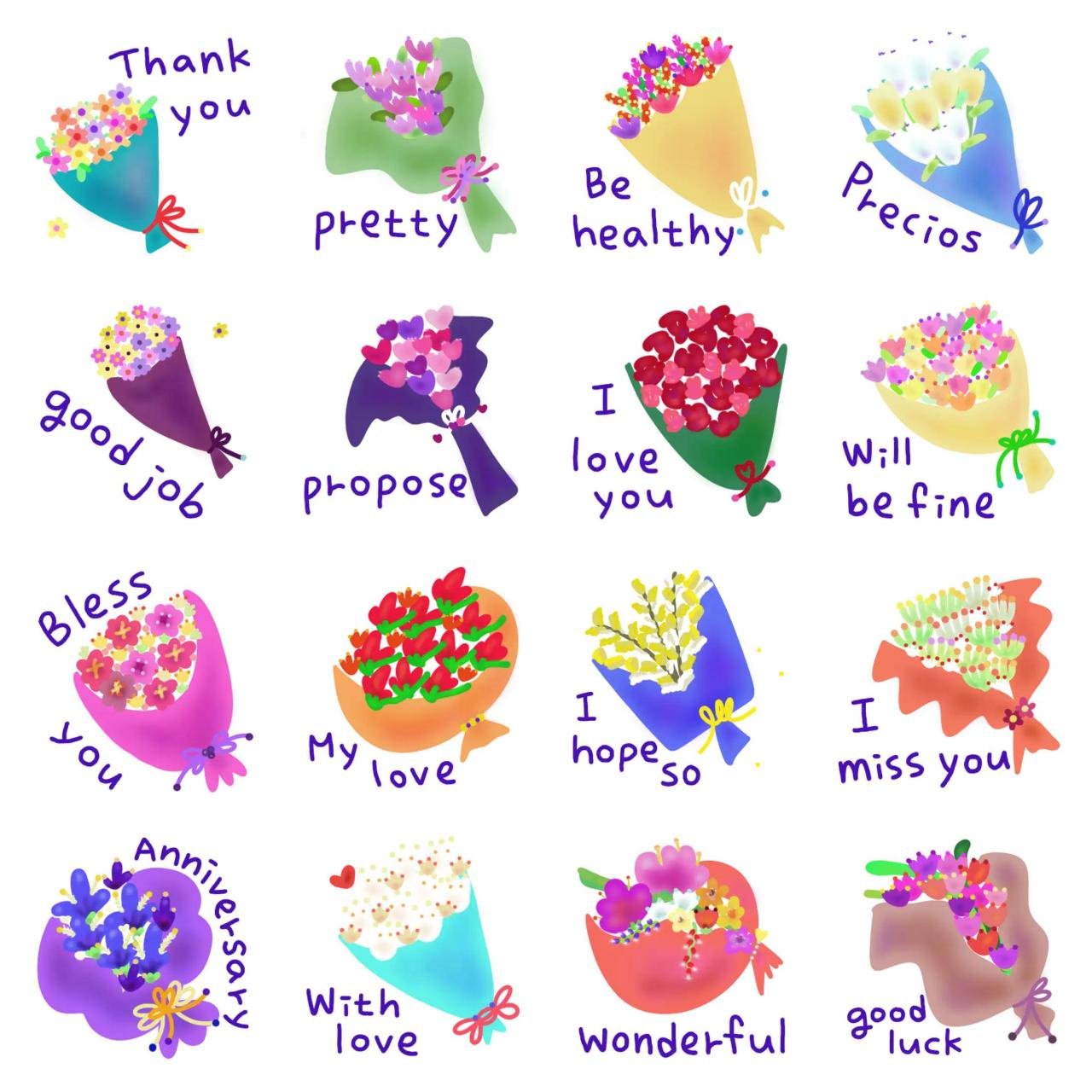 Colorful bouquet 1. Animation/Cartoon,Celebrity,Valentine,Romance,Mother's day,FATHER'S DAY,Birthday,Anniversary,Etc,Plants sticker pack for Whatsapp, Telegram, Signal, and others chatting and message apps