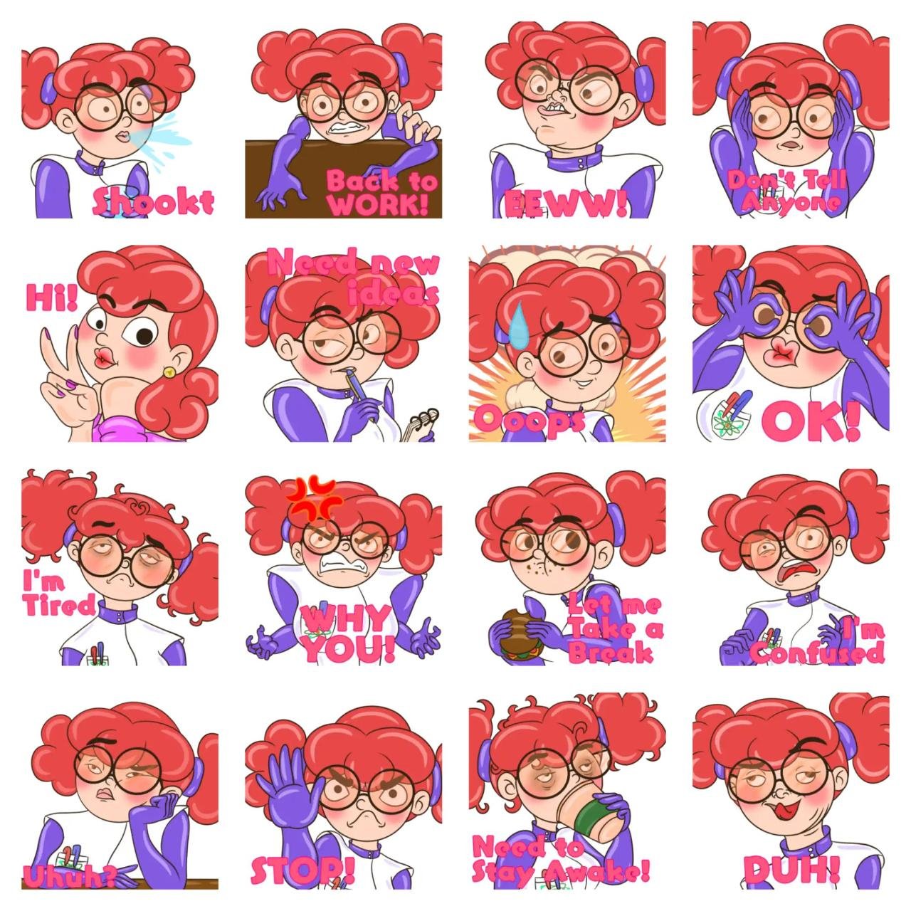 Mia the Mad Scientist Animation/Cartoon,emotion sticker pack for Whatsapp, Telegram, Signal, and others chatting and message apps