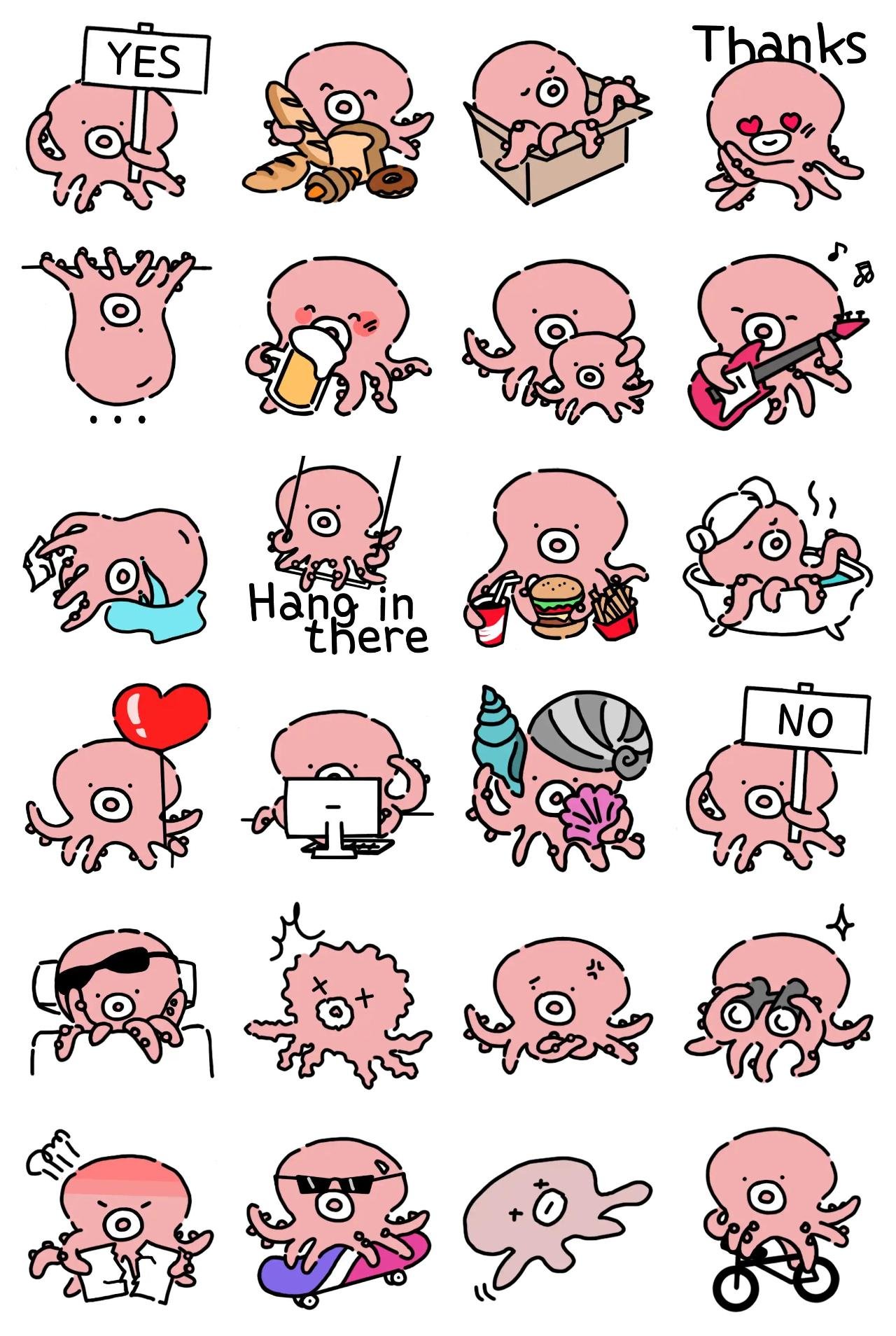 Cutie Octopus Animals,Instruments,Culture,Sports,FAMILY,Mother's day,FATHER'S DAY,Anniversary,Birthday,Vacation,Etc,Objects,Celebrity,Food/Drink,Romance,Transporations,Weather/Nature,Gag sticker pack for Whatsapp, Telegram, Signal, and others chatting and message apps