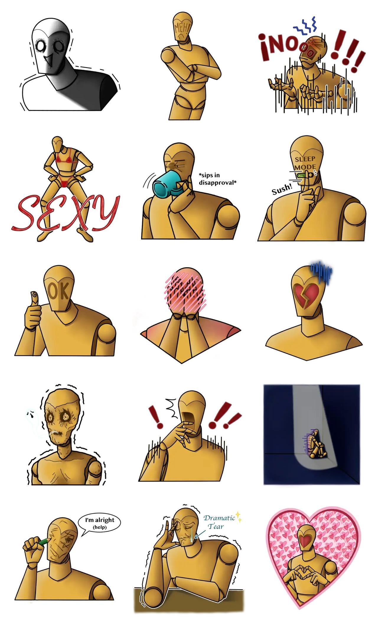 Manikin#1 Animation/Cartoon,Food/Drink,Romance,Etc,Phrases sticker pack for Whatsapp, Telegram, Signal, and others chatting and message apps