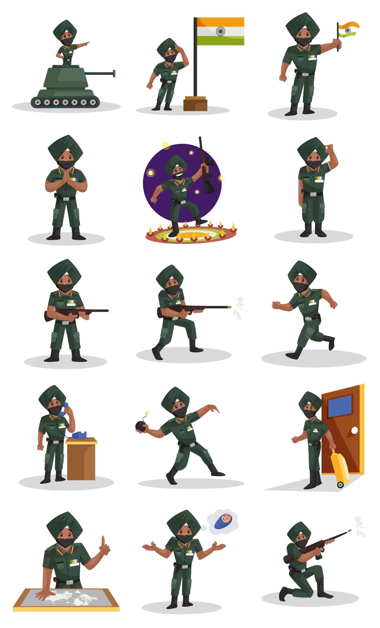 Army Man Animation/Cartoon,INDIA,People sticker pack for Whatsapp, Telegram, Signal, and others chatting and message apps