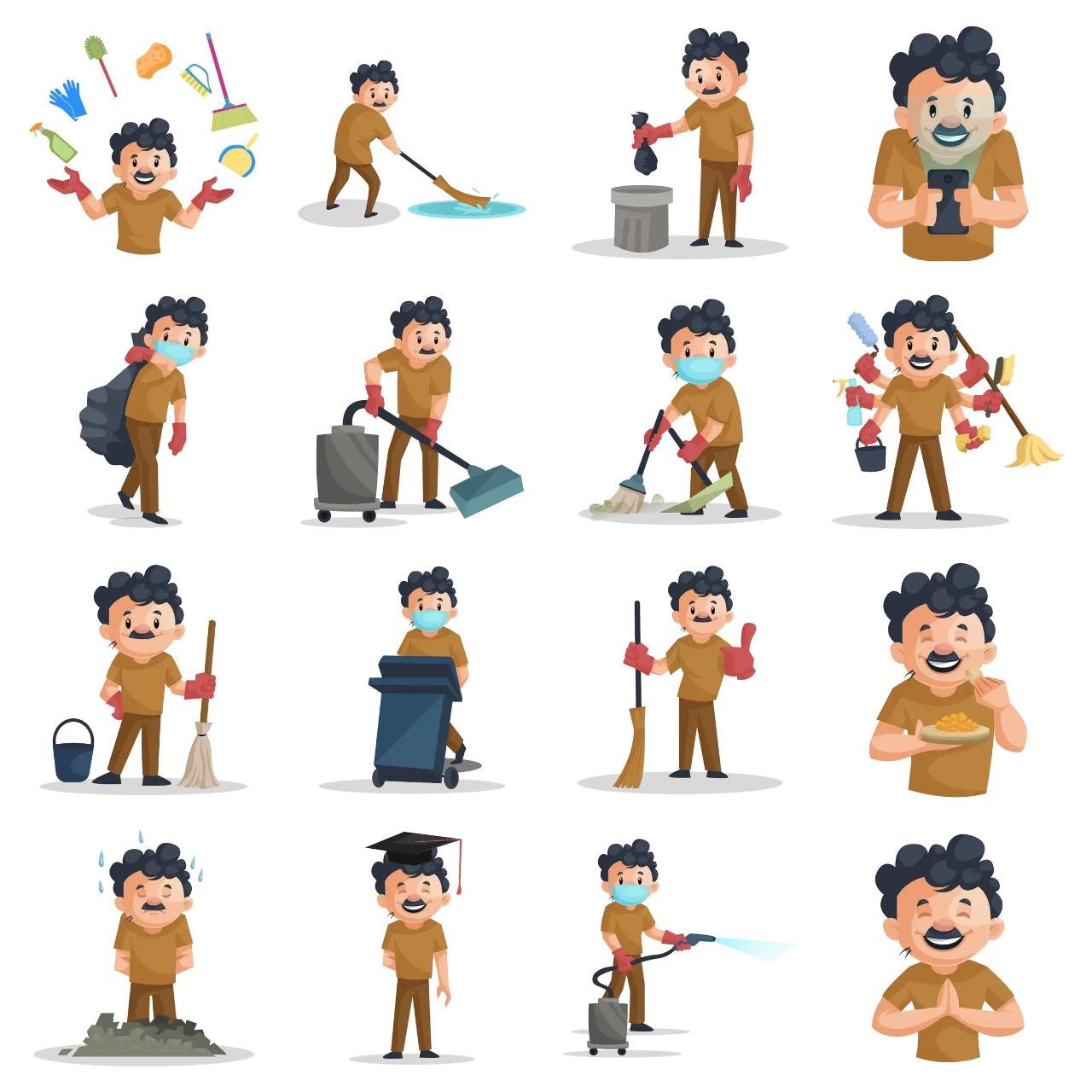 Cleaning Man Animation/Cartoon,INDIA,People sticker pack for Whatsapp, Telegram, Signal, and others chatting and message apps