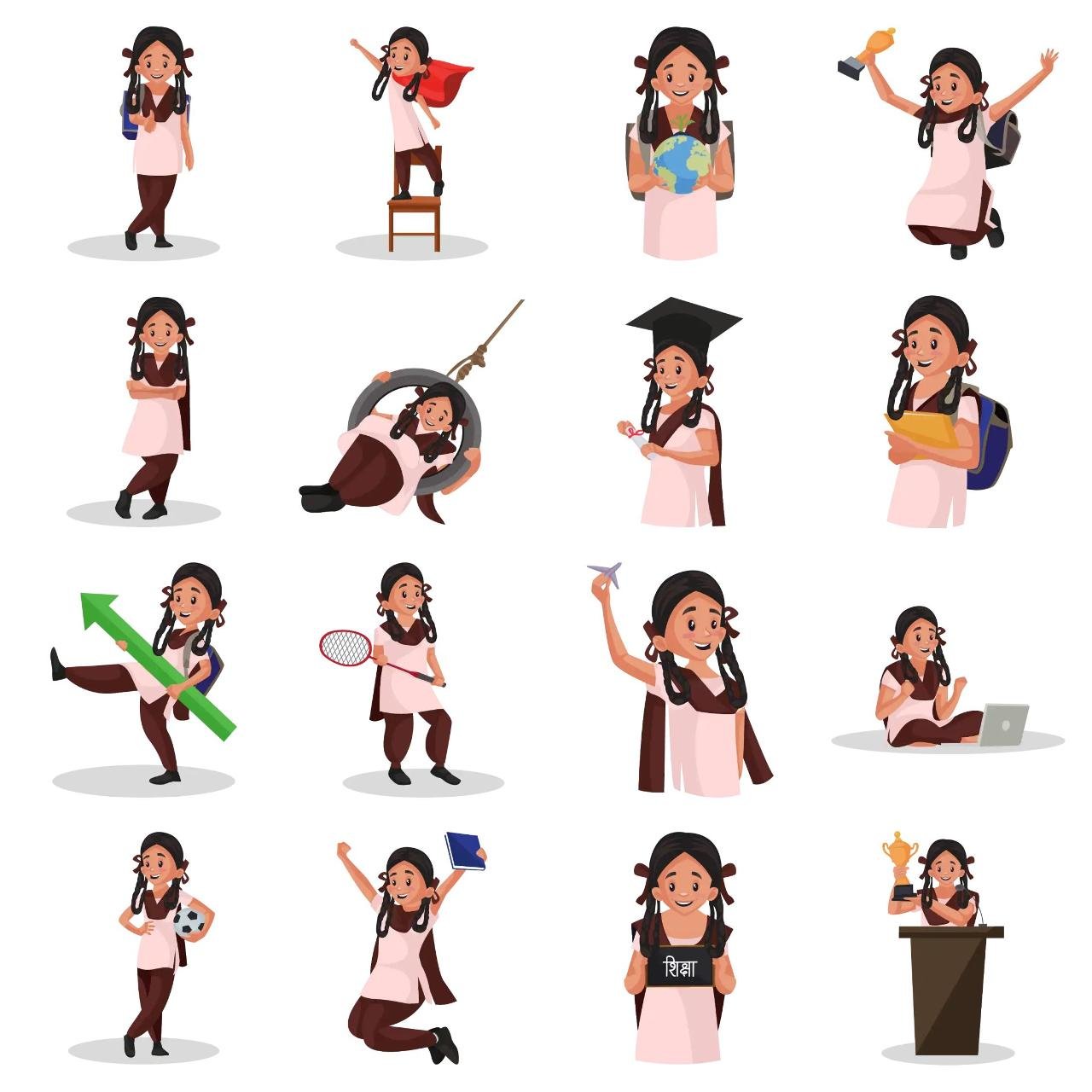 School Girl Animation/Cartoon,INDIA,People sticker pack for Whatsapp, Telegram, Signal, and others chatting and message apps