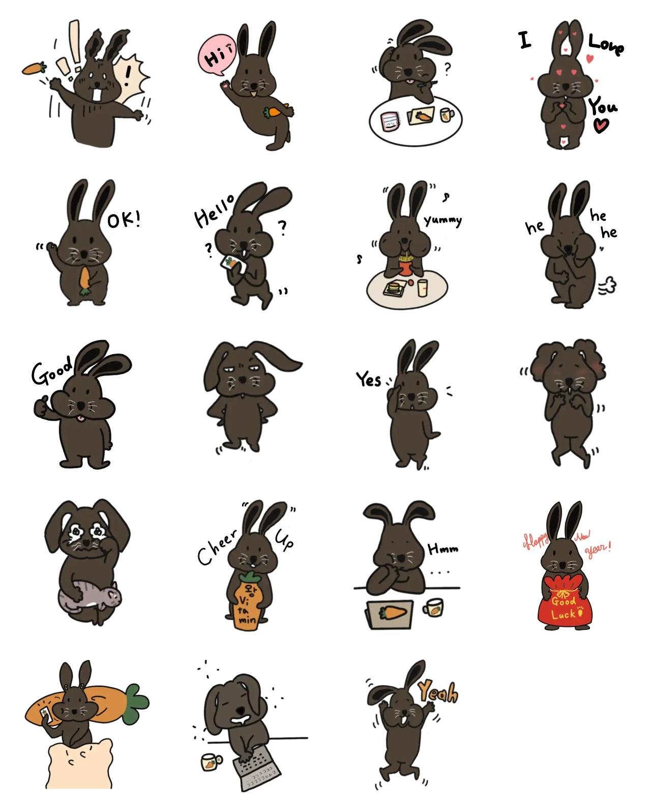 Black Bunny Kamyu's cozy life Animation/Cartoon sticker pack for Whatsapp, Telegram, Signal, and others chatting and message apps