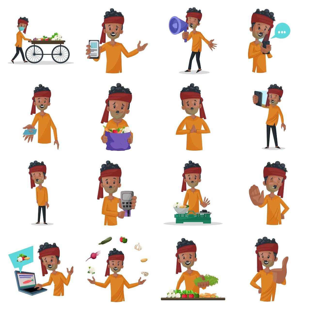 Vegetable Seller Animation/Cartoon,INDIA,People sticker pack for Whatsapp, Telegram, Signal, and others chatting and message apps