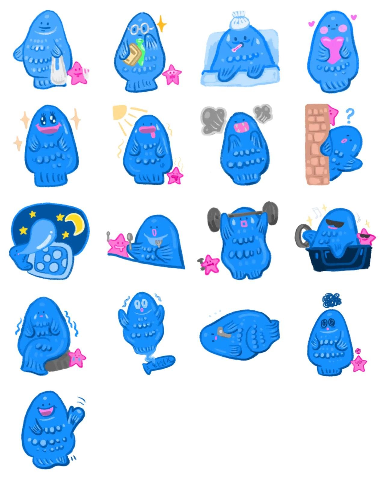 a day of blue fish Animation/Cartoon,emotion sticker pack for Whatsapp, Telegram, Signal, and others chatting and message apps