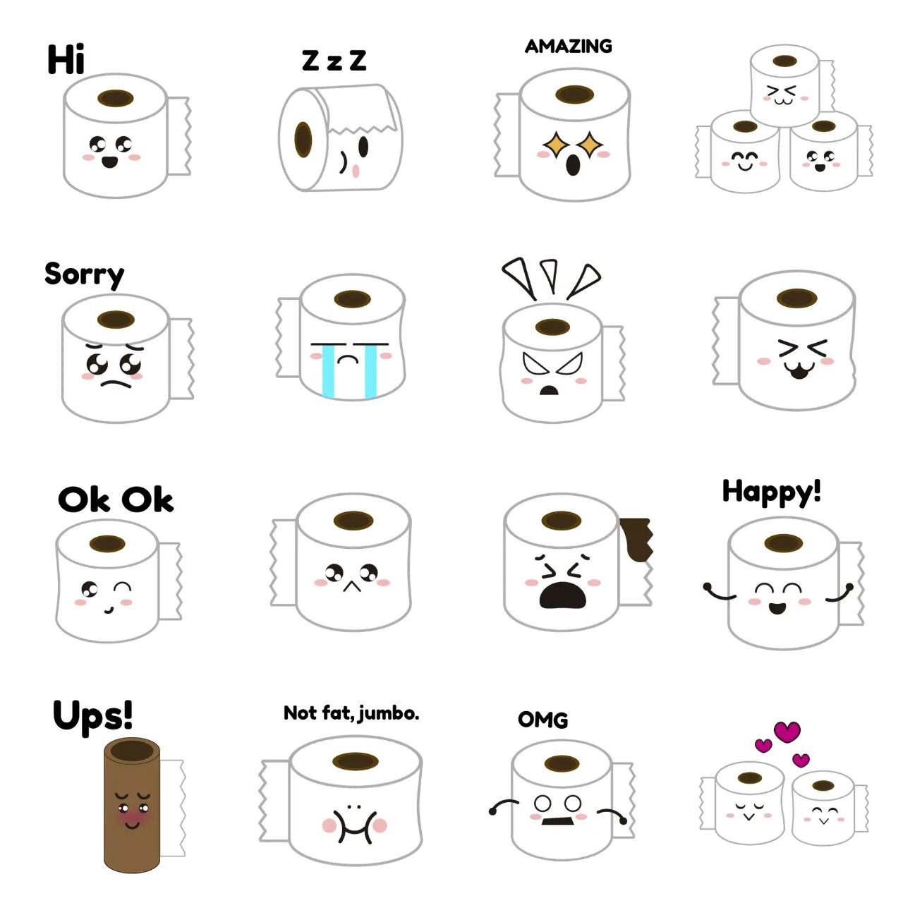 Cute Toilet paper Animation/Cartoon,emotion sticker pack for Whatsapp, Telegram, Signal, and others chatting and message apps