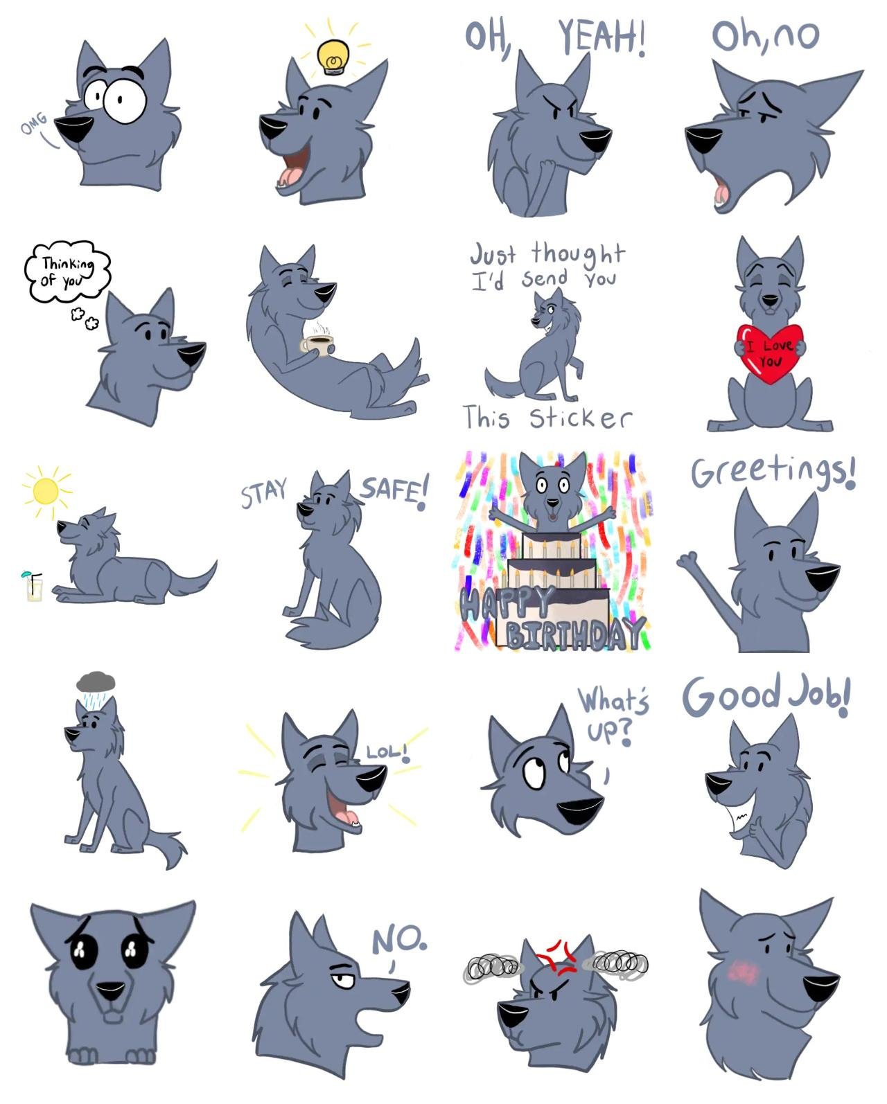 Blue Canine Animation/Cartoon,emotion sticker pack for Whatsapp, Telegram, Signal, and others chatting and message apps