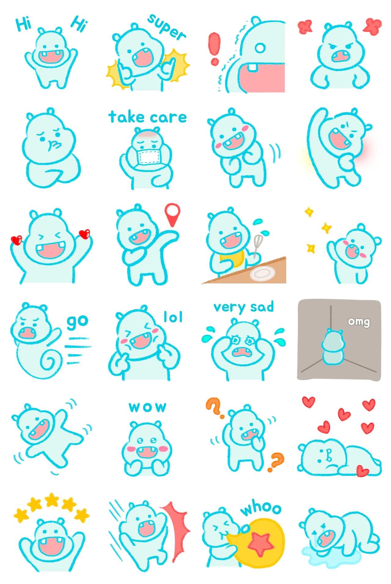 Cute Baby Hippo Animation/Cartoon,Animals,Actions/Situations, sticker pack for Whatsapp, Telegram, Signal, and others chatting and message apps