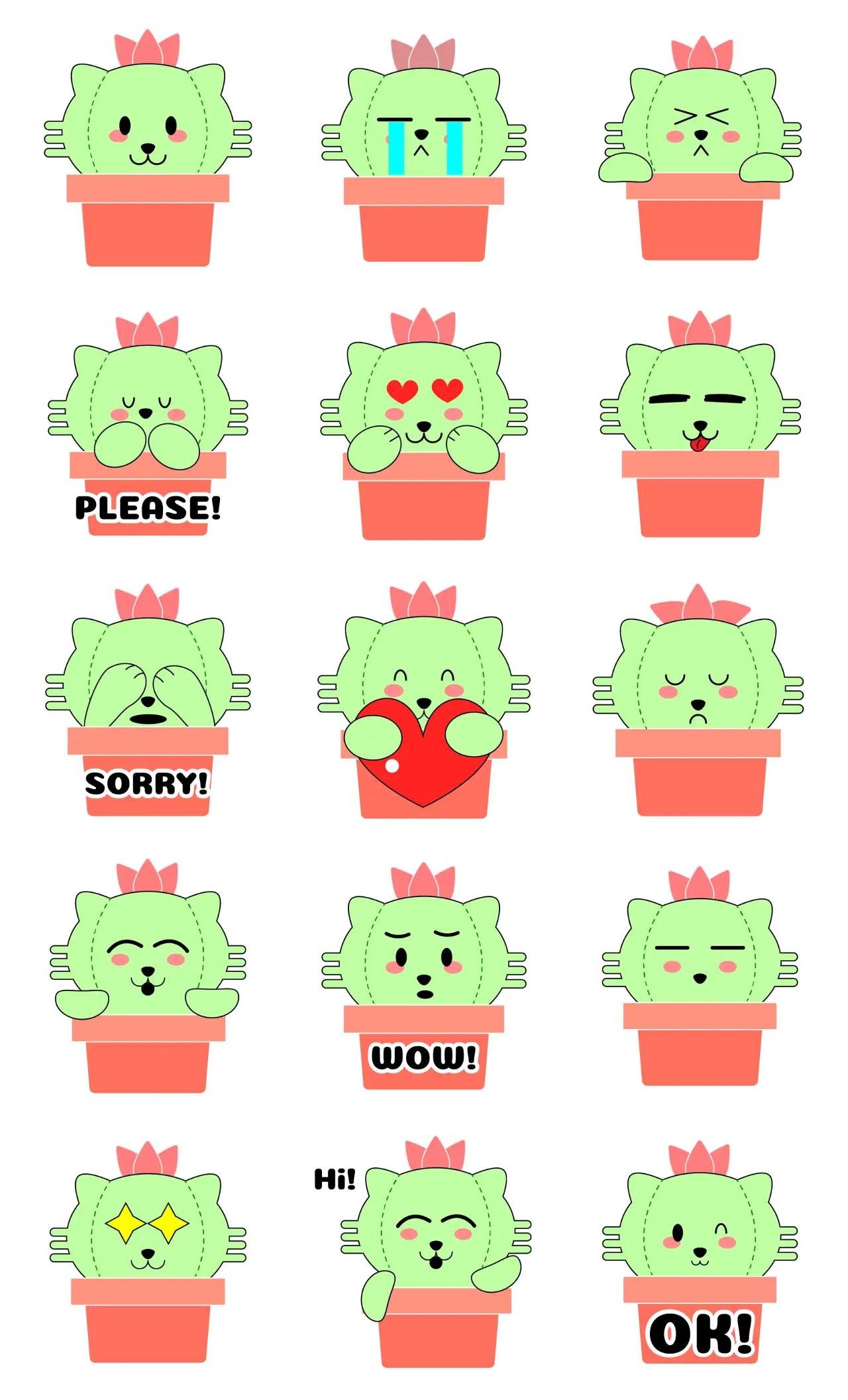 Cactus Cat Animation/Cartoon,Animals,Romance,Phrases,Actions/Situations,emotion,Weather/Nature sticker pack for Whatsapp, Telegram, Signal, and others chatting and message apps