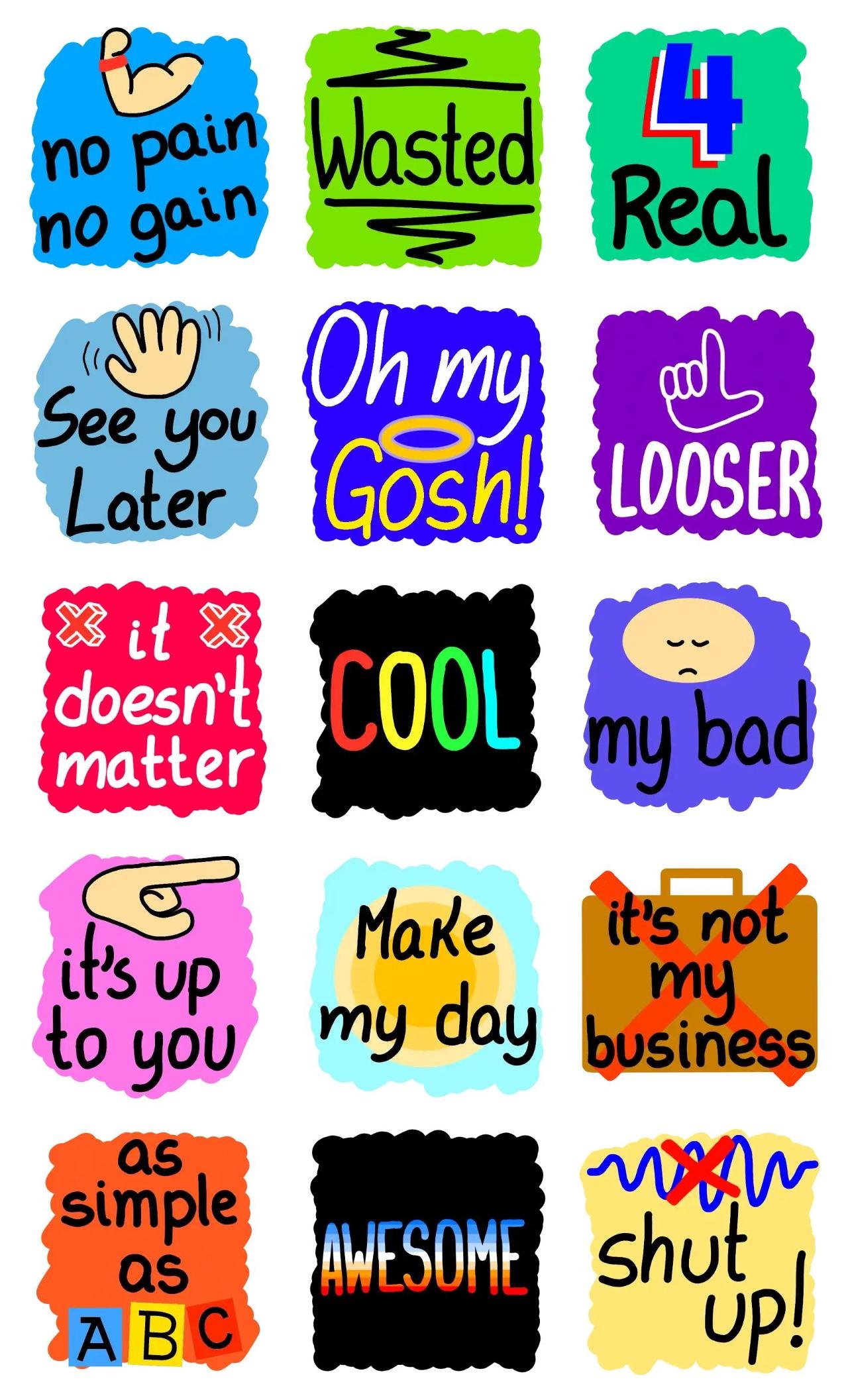 English Phrases Gag,People,Phrases,Actions/Situations,Culture,Colors,emotion sticker pack for Whatsapp, Telegram, Signal, and others chatting and message apps