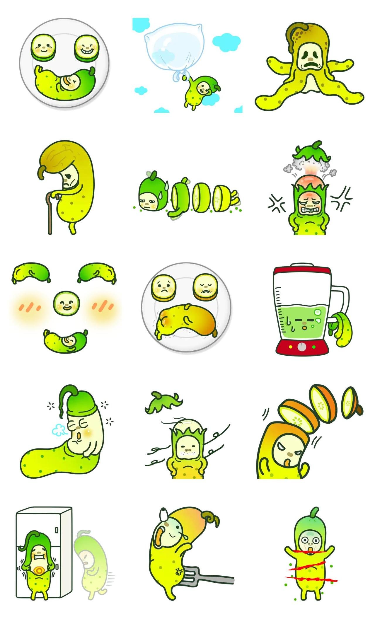 Mini cucumber 2 Foods,Gag,Colors,Fruits/Veges,Romance,adjective,emotion,Imaginations,Actions/Situations,Etc,Animation/Cartoon sticker pack for Whatsapp, Telegram, Signal, and others chatting and message apps