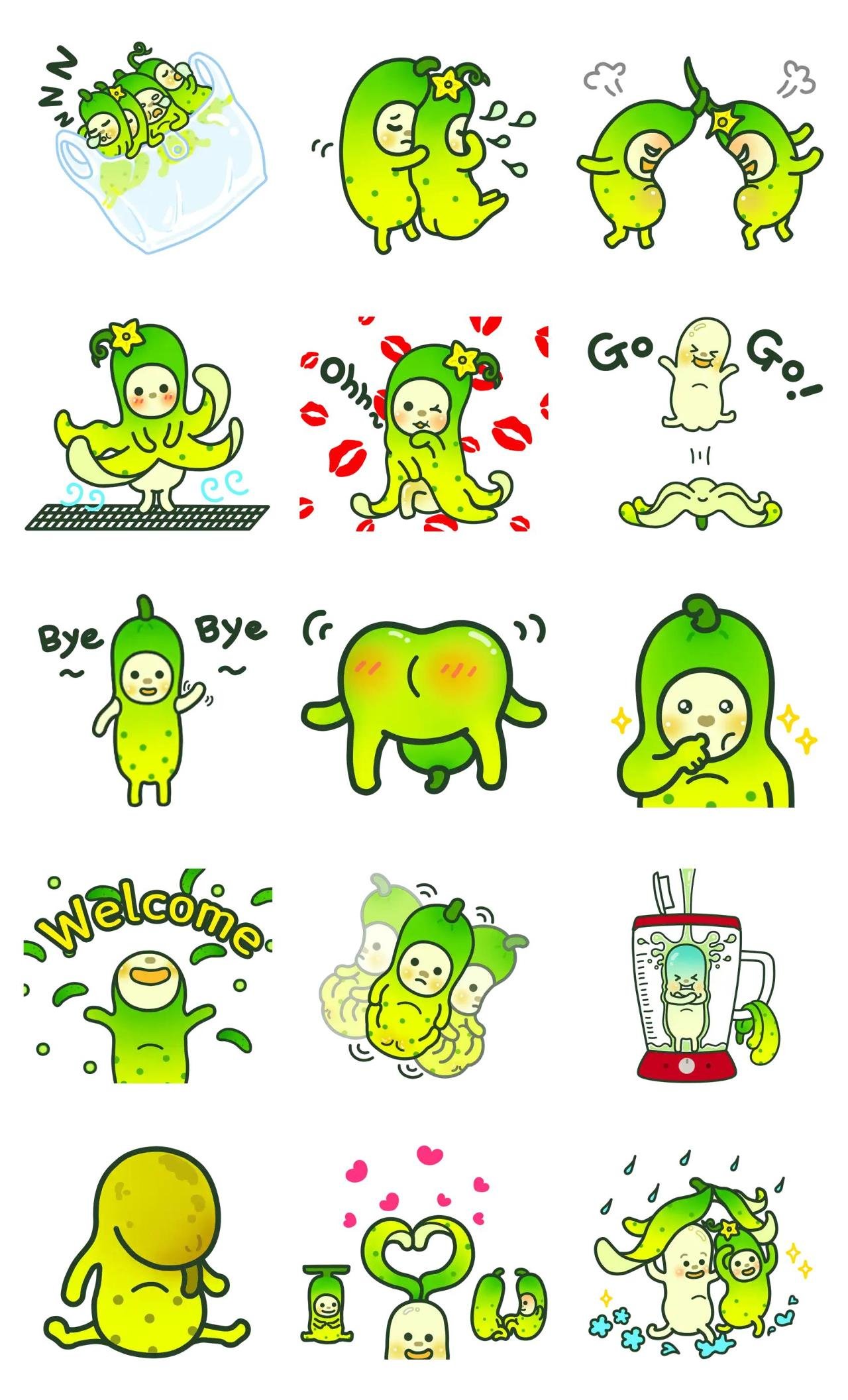 Mini cucumber 3 Animation/Cartoon,Romance,Foods,Actions/Situations,Etc,Fruits/Veges,Colors,Imaginations,emotion,adjective,Gag sticker pack for Whatsapp, Telegram, Signal, and others chatting and message apps