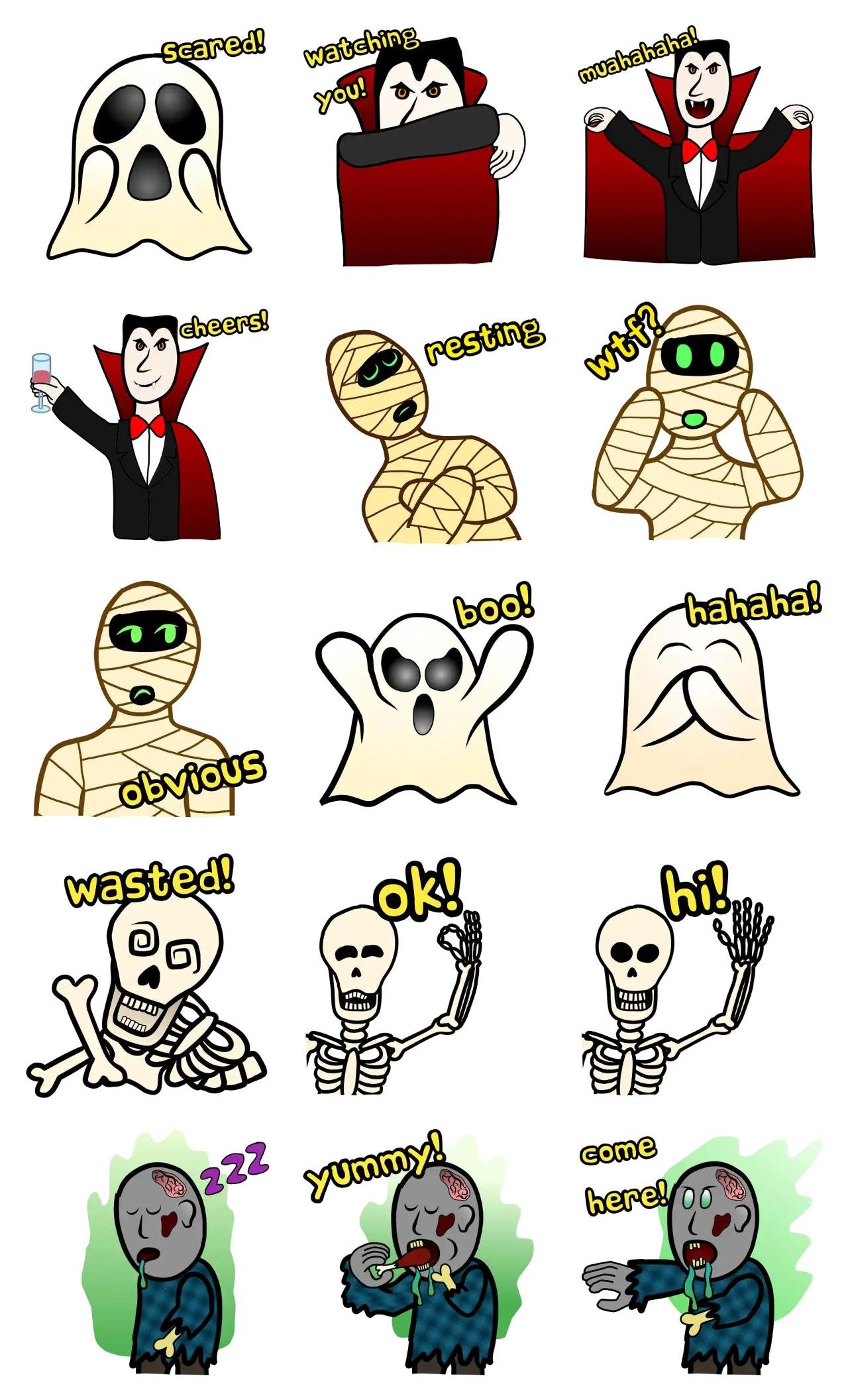 Halloween Horrors Animation/Cartoon,Food/Drink,Gag,Halloween,People,Actions/Situations,Culture,Colors,Clothings,emotion sticker pack for Whatsapp, Telegram, Signal, and others chatting and message apps