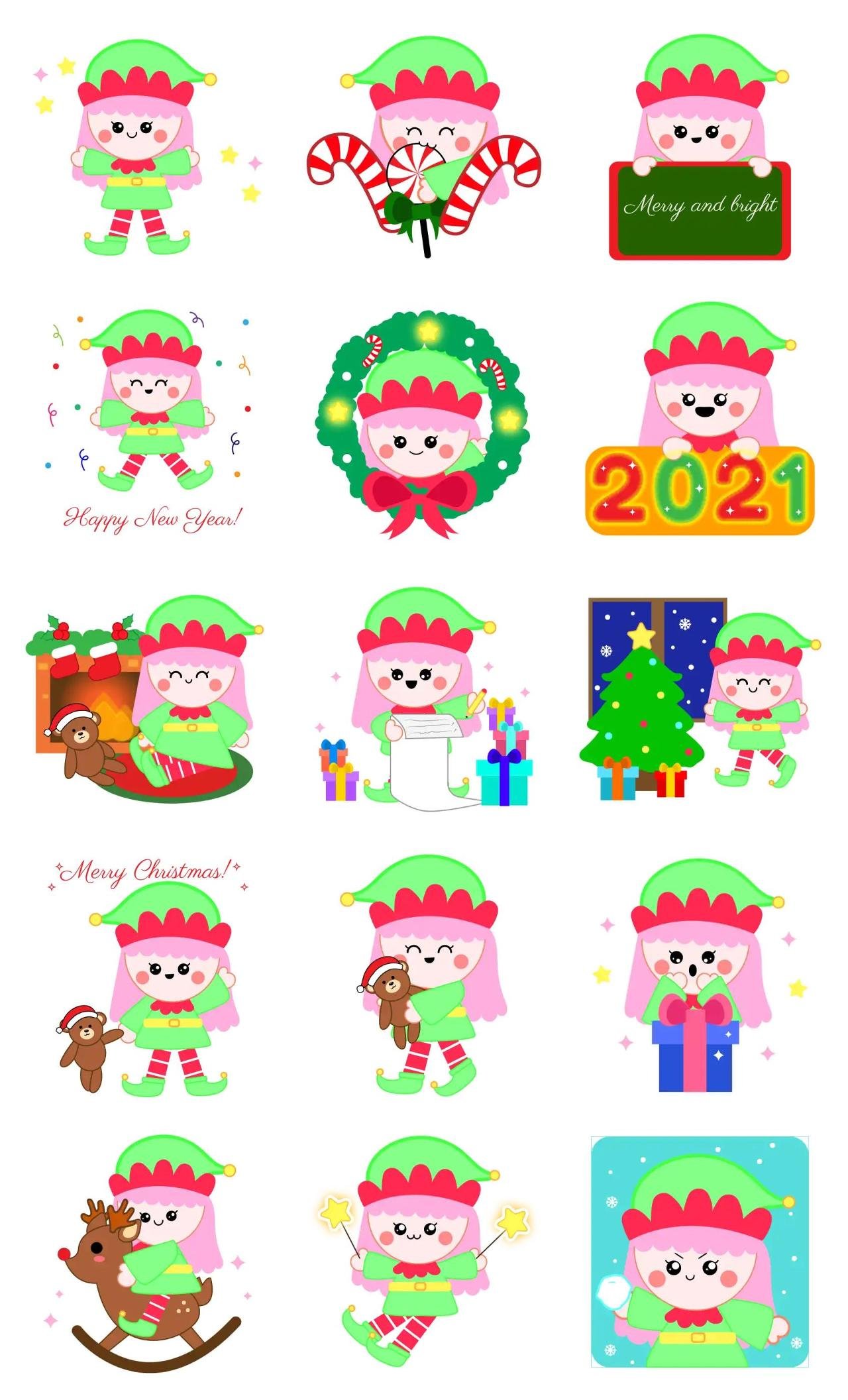 Christmas Elf Girl Animation/Cartoon,Food/Drink,Gag,Phrases,People,Plants,New year's day,Christmas,Etc,Animals,Celebrity,Culture sticker pack for Whatsapp, Telegram, Signal, and others chatting and message apps